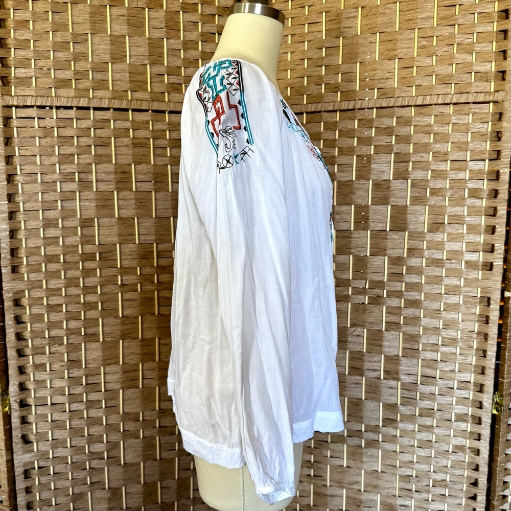 EUC Ivory boho top w/ multicolor embroidered top L - Picture 5 of 11